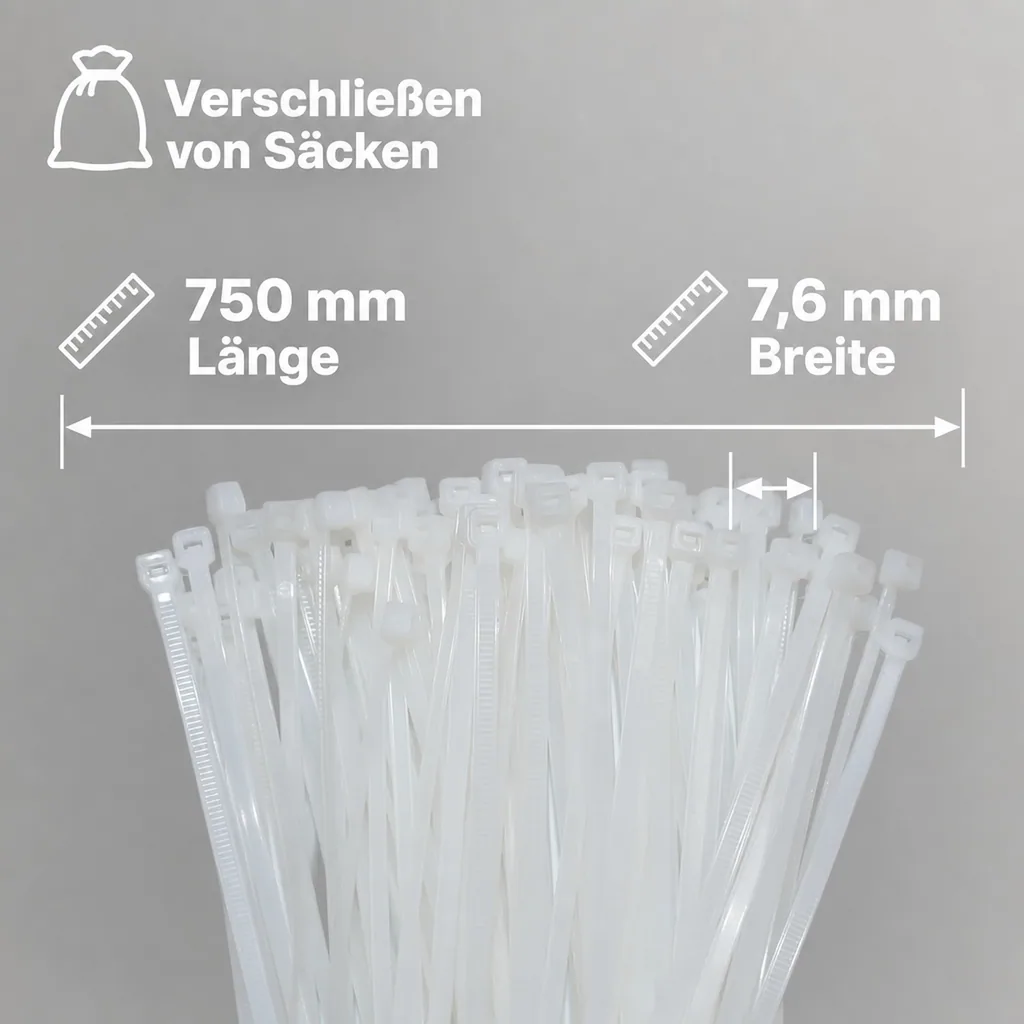 Kabelbinder 750mm, 100 Stück, natur, 7,6mm breit, PA6.6, Industriequalität