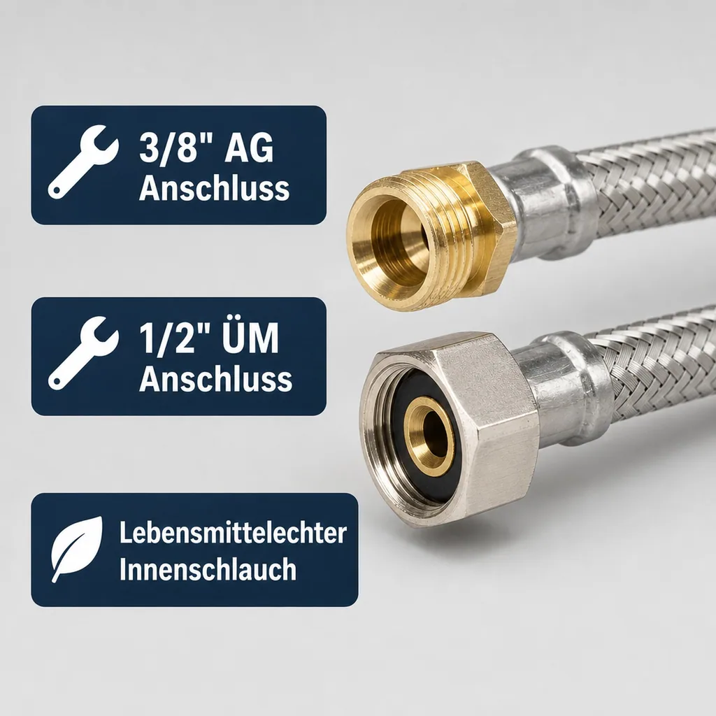Panzerschlauch, Edelstahl, flexibel, 1000mm, 3/8" AG x 1/2" ÜM, DVGW