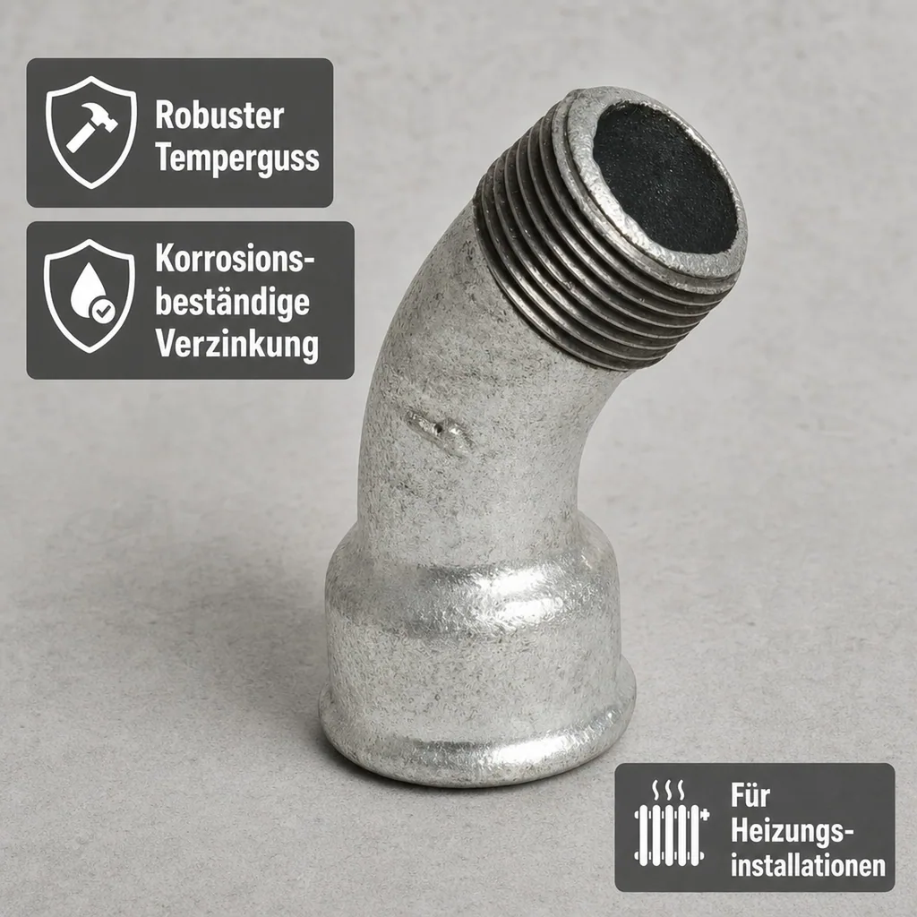 Gewindefitting Temperguss Bogen 45° 1 1/2 Zoll