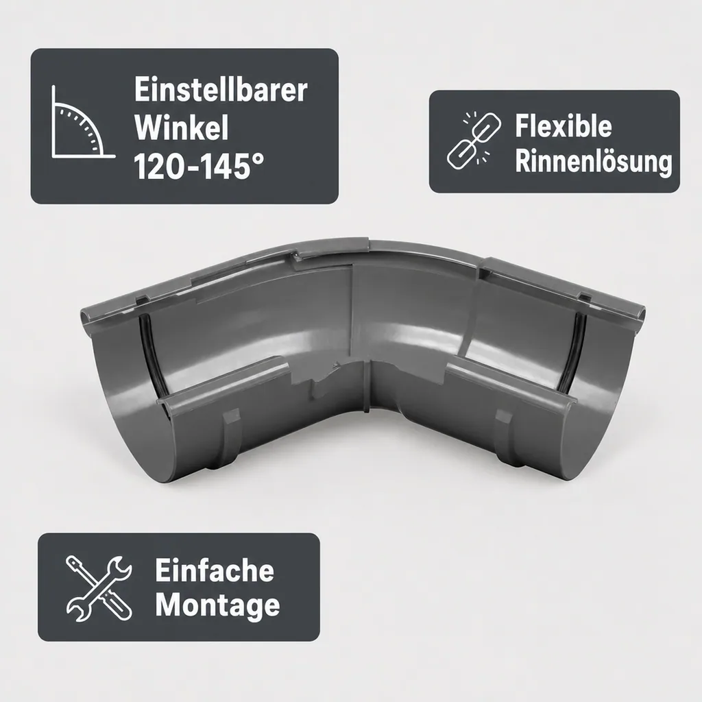 Regenrinne Eckstück einstellbar, graphit, System 125, Aussenecke Dachrinne