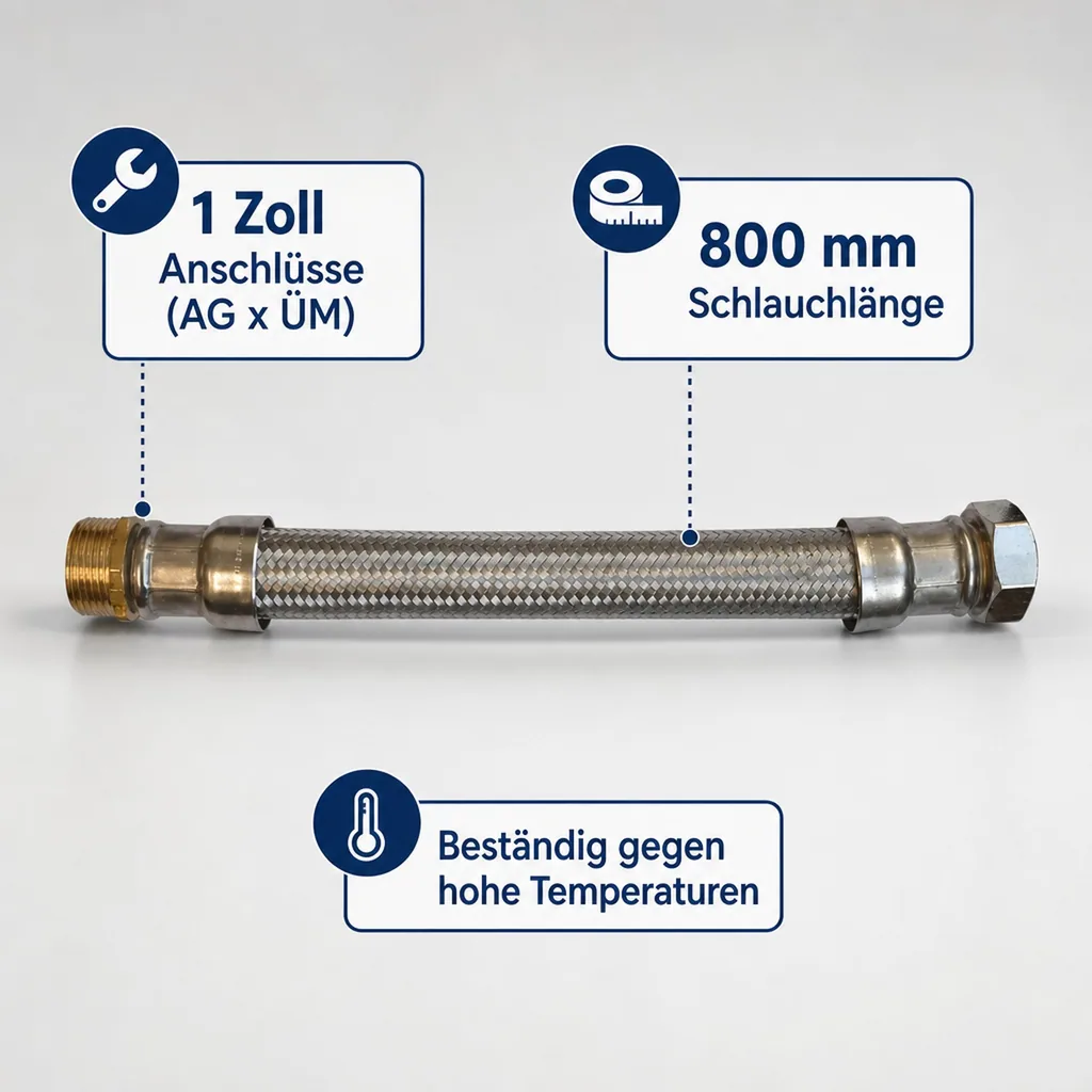 Panzerschlauch DN25, Edelstahl, Flexschlauch 1 Zoll, 800 mm, DVGW