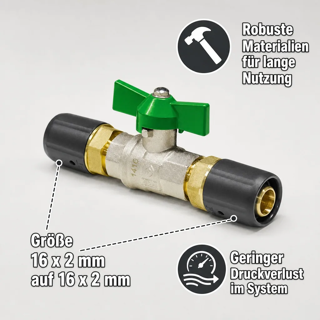 Kugelhahn für Trinkwasser, Steckfitting, 16 x 2 auf 16 x 2, grün, DVGW-zertifiziert