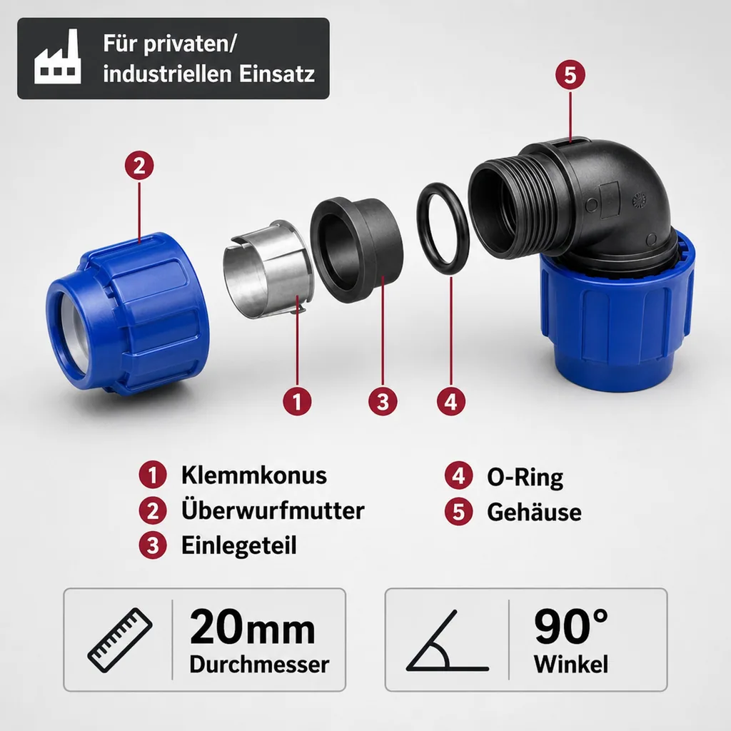 PE Rohr Verschraubung 90° Winkel 20mm, 2 Verschraubungen, 20x20, Klemmfitting, Trinkwasser