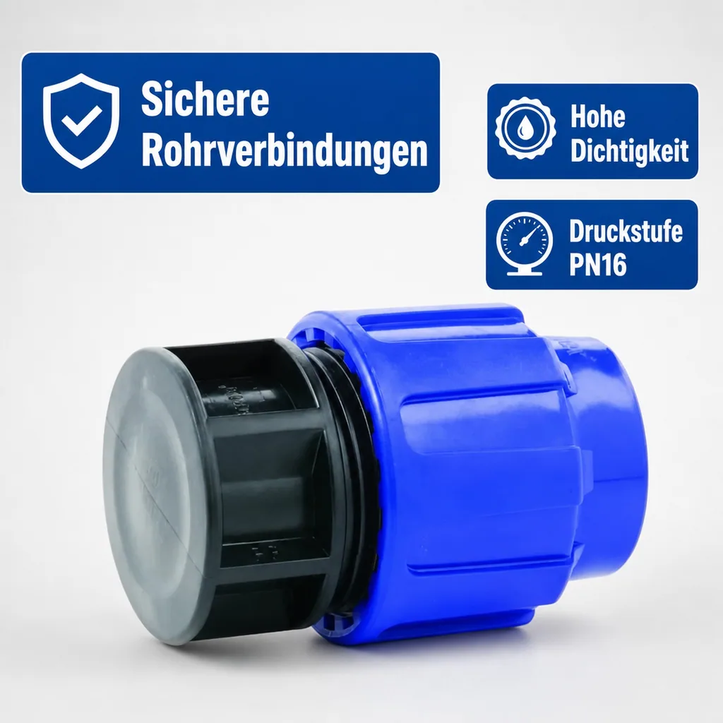 PE Rohr Verschraubung, Rohr Endkappe 32mm, Klemmverschraubung