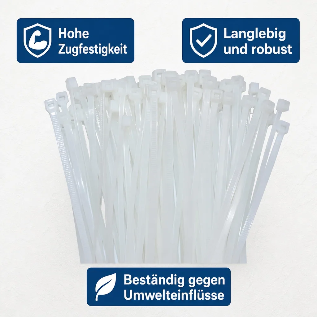 Kabelbinder 200x4,8mm, 100 Stück, natur weiß, PA6.6, Standard Kabelbinder