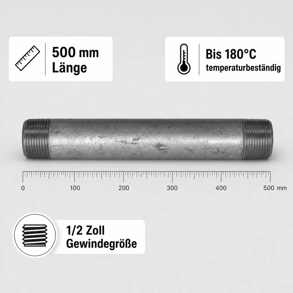 Rohrnippel verzinkt, Gewindefitting 1/2 Zoll AG x 1/2 Zoll AG, 500mm