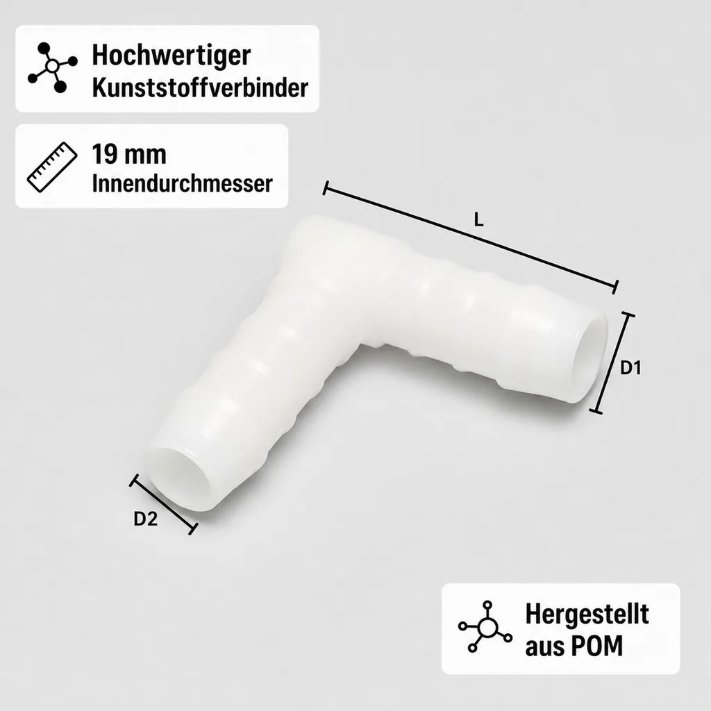 Schlauchverbinder 19mm, Kunststoff Winkelverbinder 90 Grad