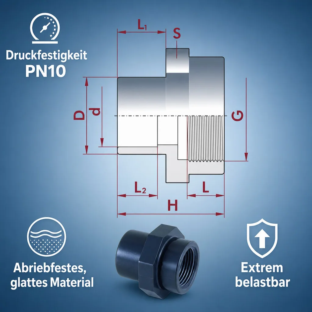 PVC Fitting, Übergangsmuffe, 40-32mm x 1 1/4", PN10, Klebemuffe, PVC-U