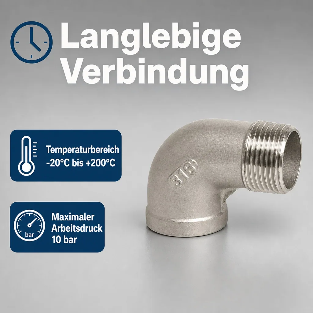 Edelstahl Winkel 90 Grad, Gewindefitting, 1 Zoll IG x AG, V4A Winkel