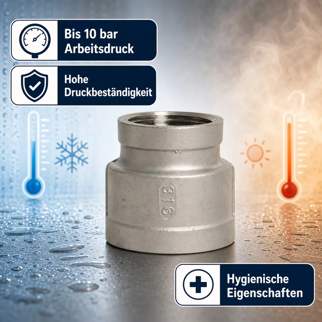 Edelstahl Reduziermuffe, Gewindefitting, 1" IG x 3/4" IG, V4A Muffe