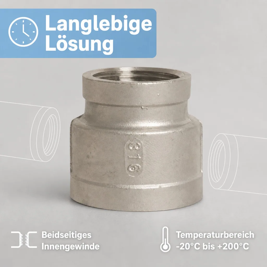 Edelstahl Reduziermuffe, Gewindefitting, 1" IG x 3/4" IG, V4A Muffe
