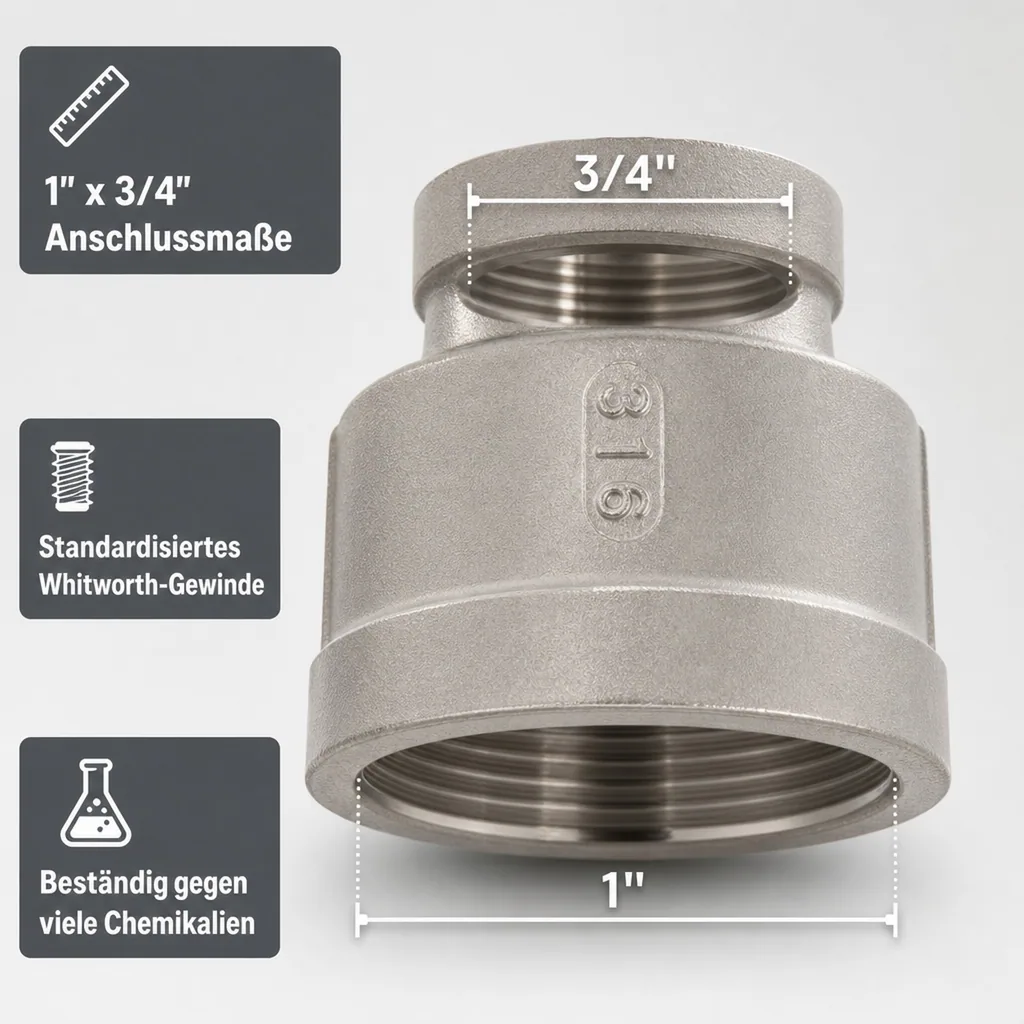 Edelstahl Reduziermuffe, Gewindefitting, 1" IG x 3/4" IG, V4A Muffe