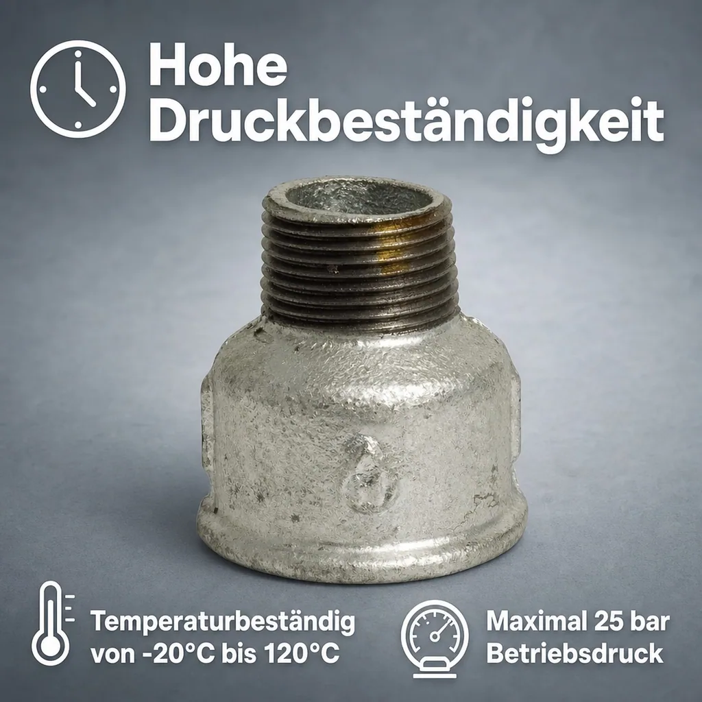 Temperguss Reduziermuffe, Gewindefitting Temperguss, 1 1/4" IG x 1" AG, verzinkt
