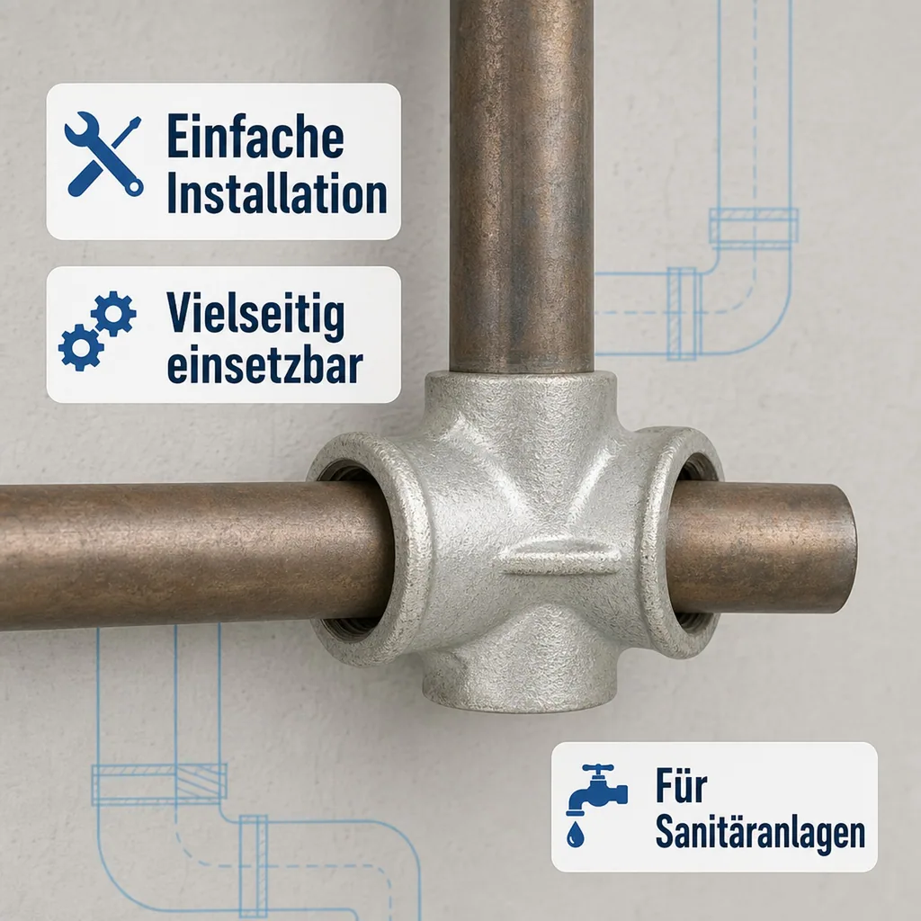 Gewindefitting Temperguss 3/4 Zoll, Winkelverteiler verzinkt