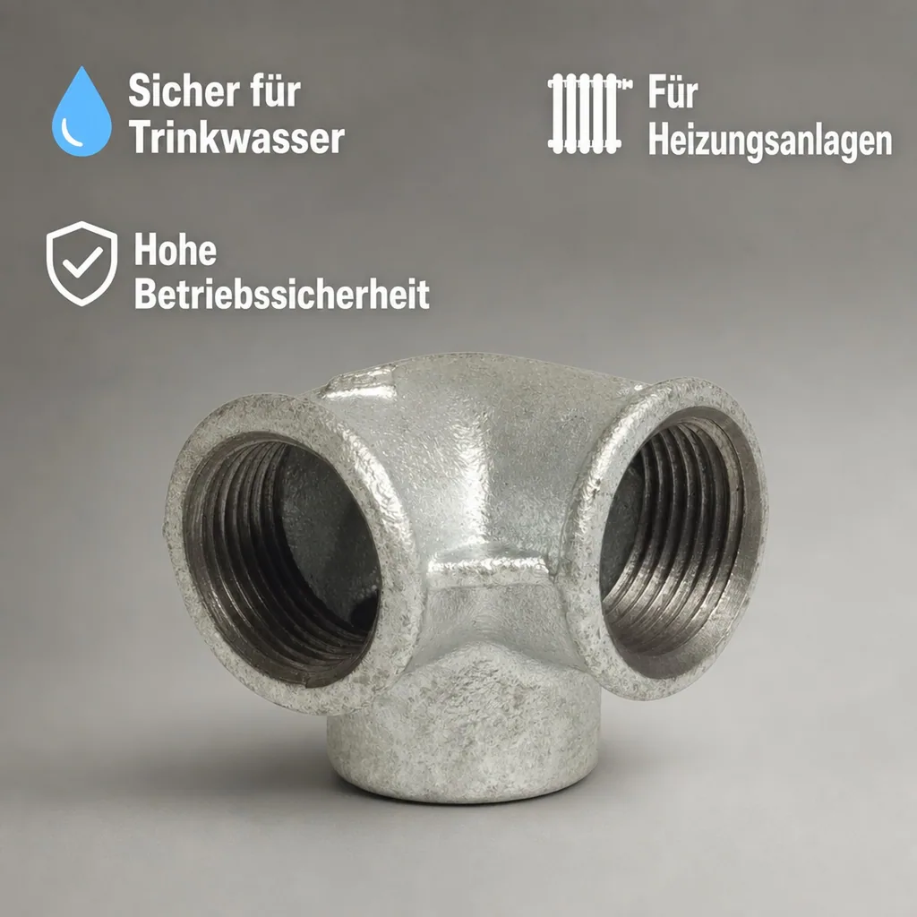 Gewindefitting Temperguss 3/4 Zoll, Winkelverteiler verzinkt