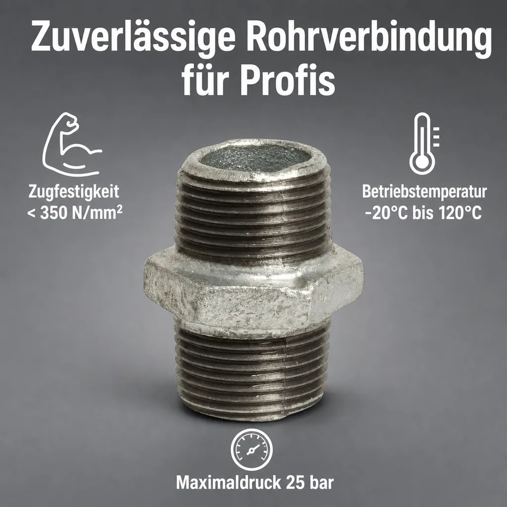 Gewindefitting Temperguss Doppelnippel 1 1/2" AG x 1 1/2" AG
