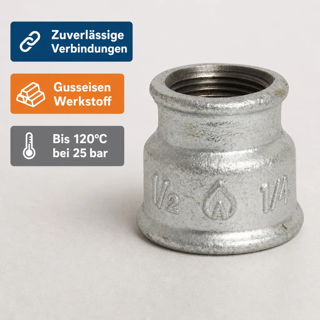 Reduziermuffe Temperguss, Gewindefitting, 1/2" IG x 1/4" IG