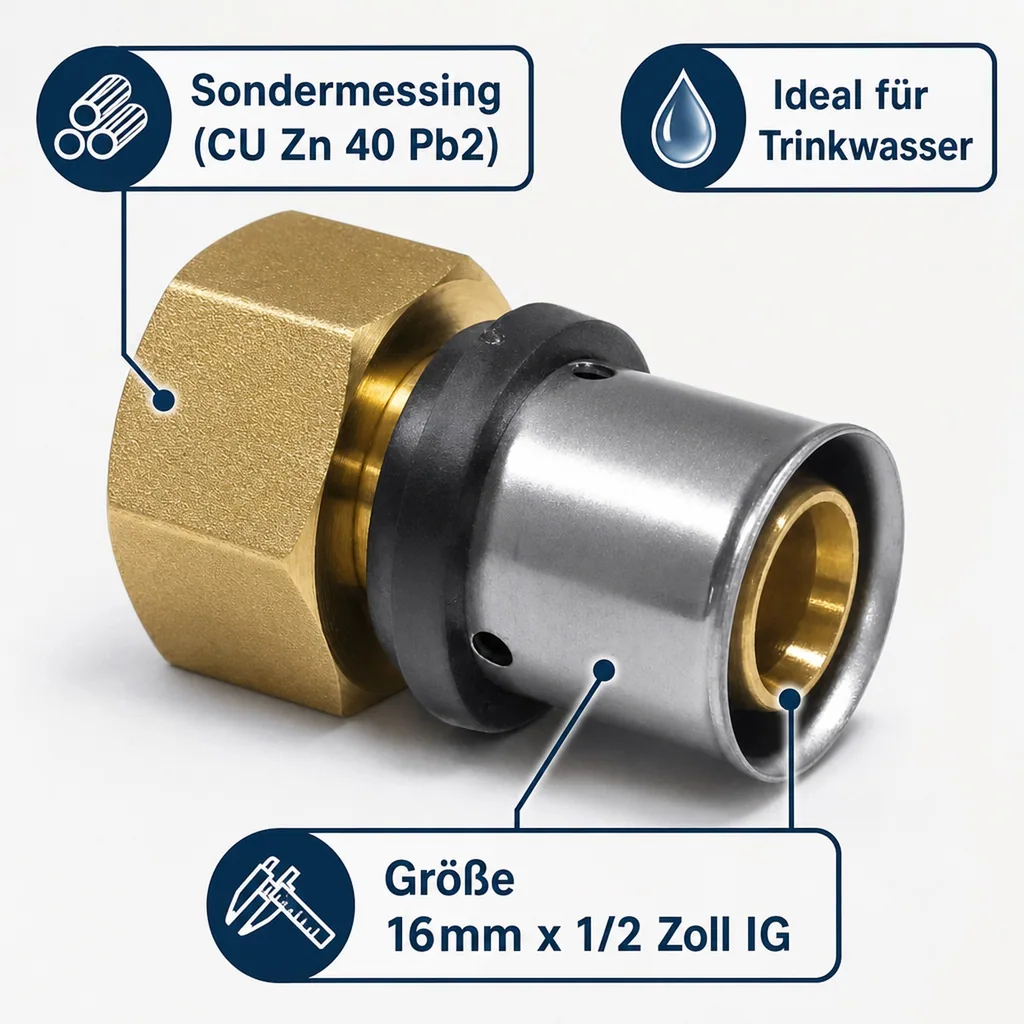 Pressfitting Übergang, 16mm, 1/2 Zoll IG