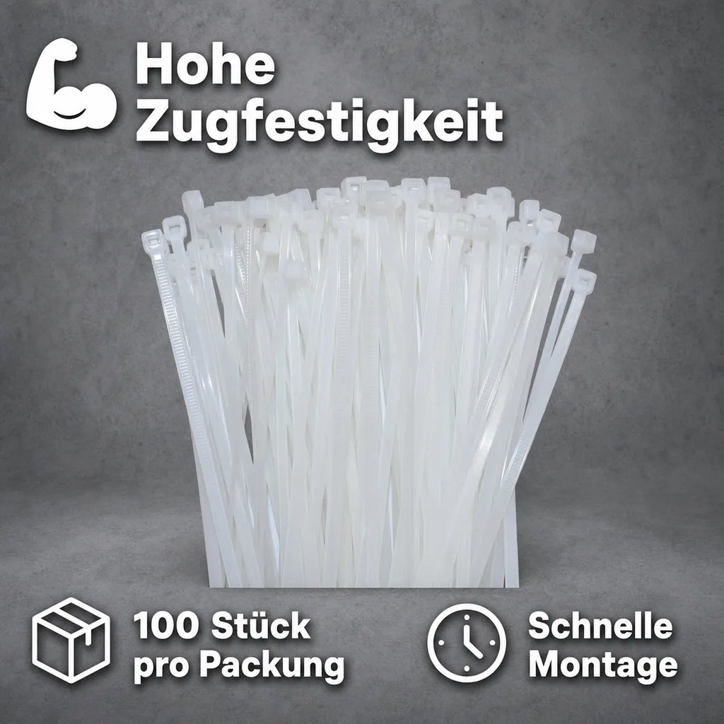 Kabelbinder, 100 Stück, 200x3,6mm, natur, PA6.6, industrie qualität