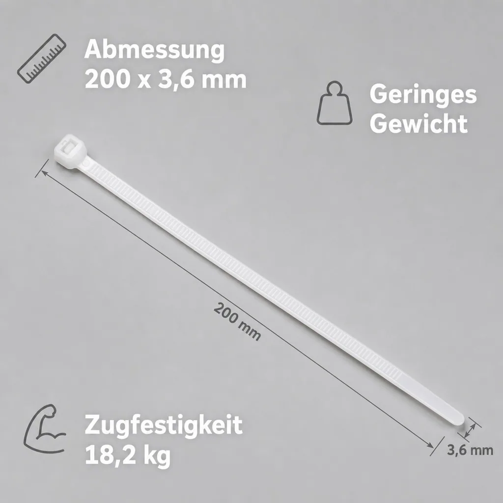Kabelbinder, 100 Stück, 200x3,6mm, natur, PA6.6, industrie qualität