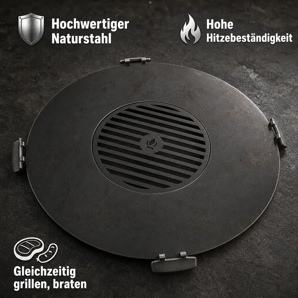 Feuerschale Grillplatte, Grillrost 50cm, 102cm, Naturstahl, 4 Griffe