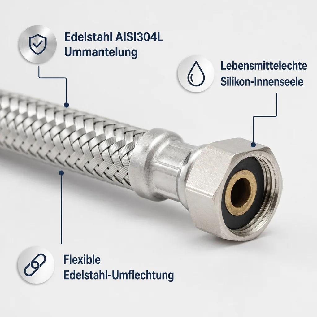 Panzerschlauch, DN8, 300mm, M10, Edelstahl, flexibel, DVGW