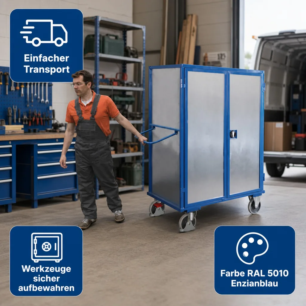 Werkstattwagen mit Türen, Etagenwagen abschließbar, Stahlblech, 500 kg Traglast
