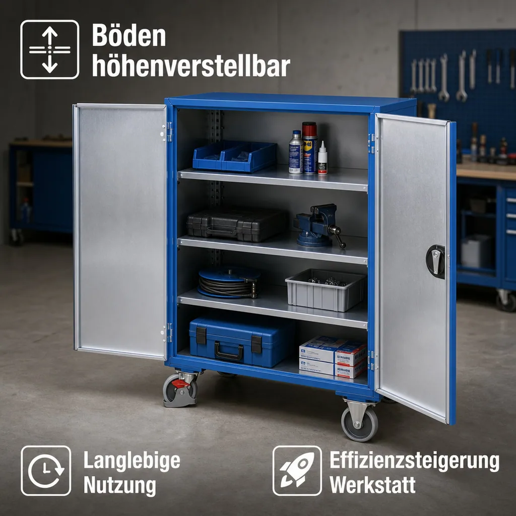Werkstattwagen mit Türen, Etagenwagen abschließbar, Stahlblech, 500 kg Traglast