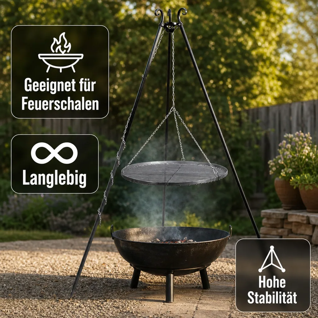 Schwenkgrill Set, Dreibein Grill 180cm, Grillrost 80cm