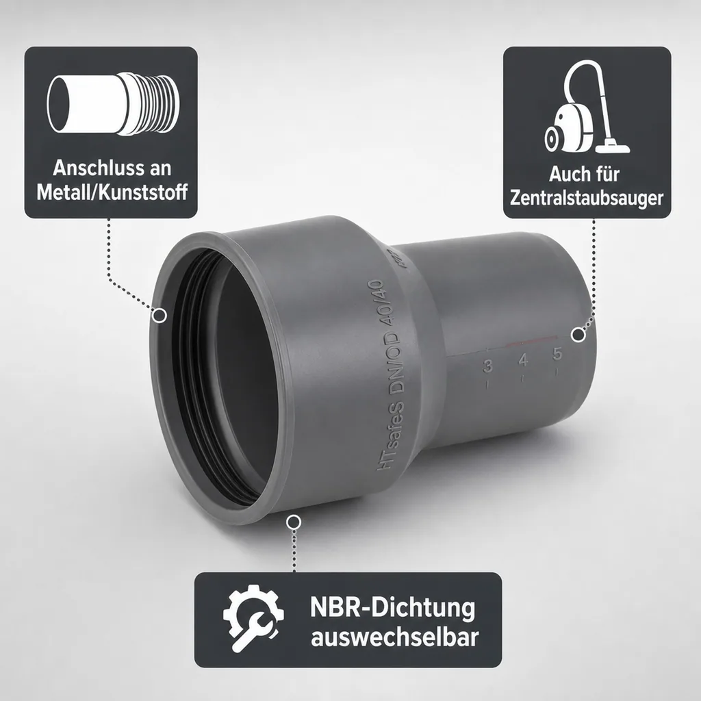 HTsafeS Siphonanschlussstück an Metall und Kunststoff DN/OD 40/40