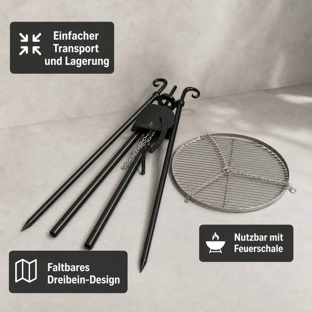 Schwenkgrill, Edelstahl Grillrost, 80 cm, mit Dreibein und Kurbel