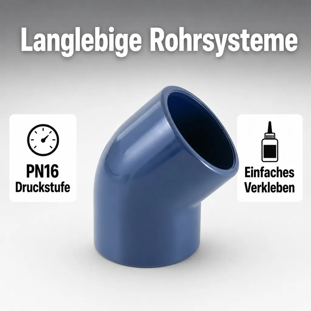 PVC Winkel, 45 Grad, Muffe 25mm, PN16, PVC Fitting