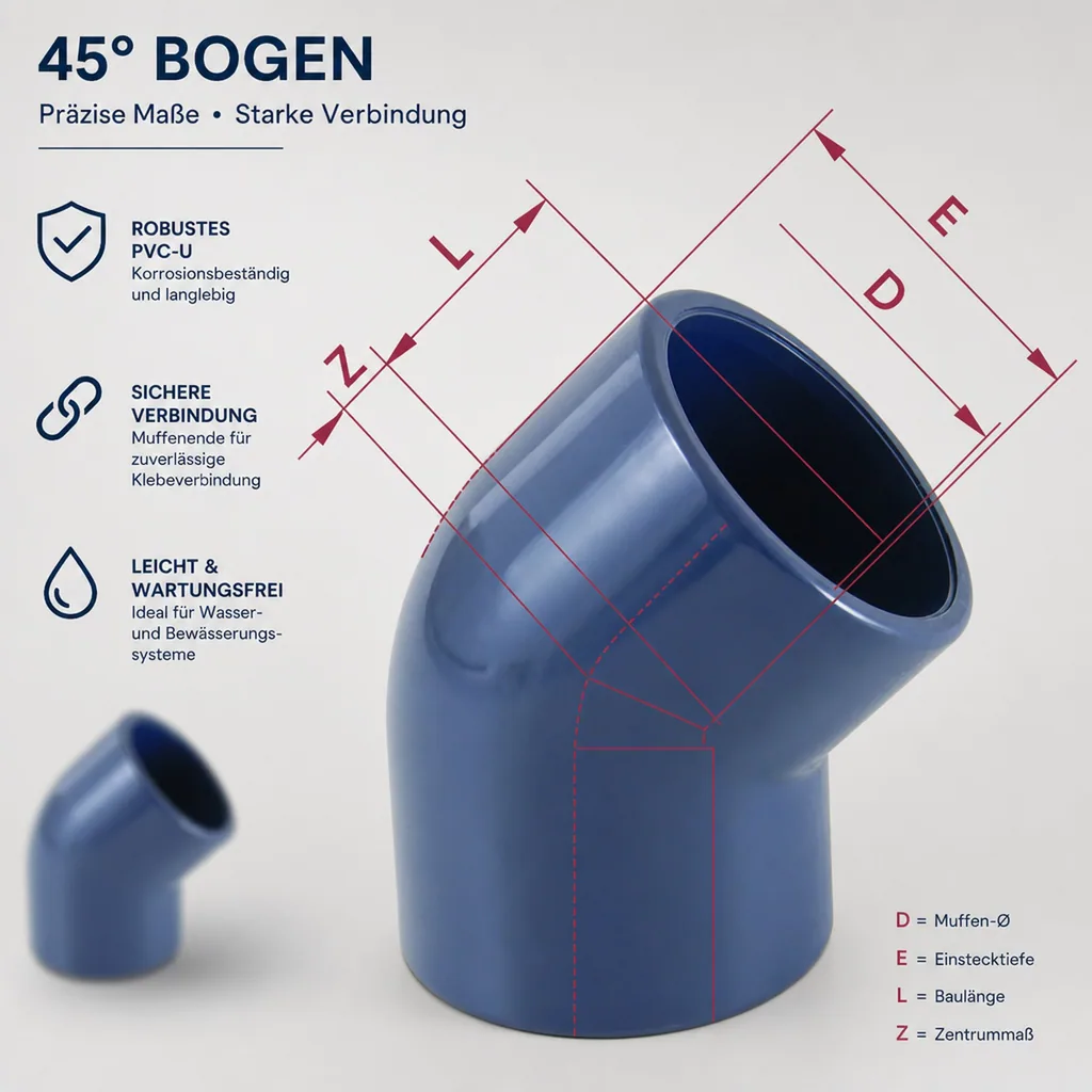 PVC Winkel, 45 Grad, Muffe 25mm, PN16, PVC Fitting