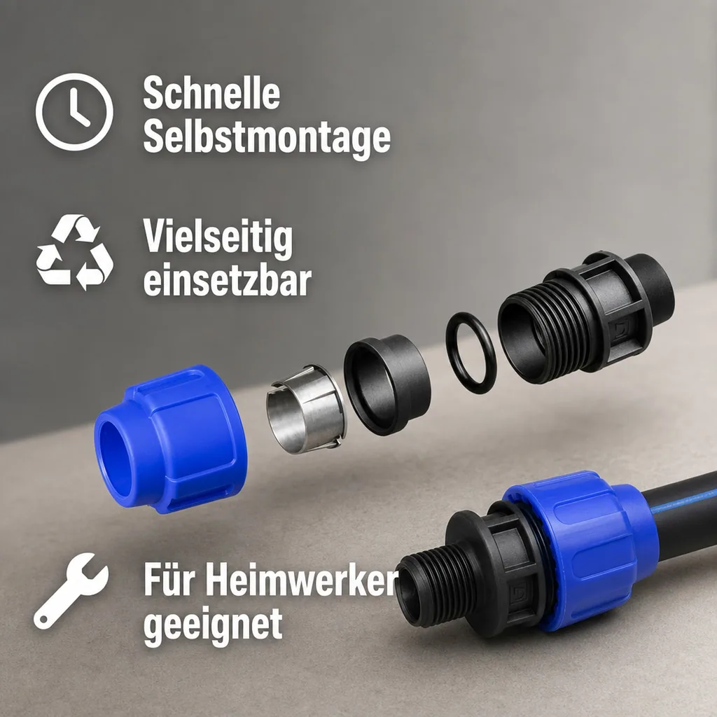 PE Rohr Verschraubung, PE Verschraubung 25mm, 25 x 3/4" AG, Kupplung, Klemmfitting