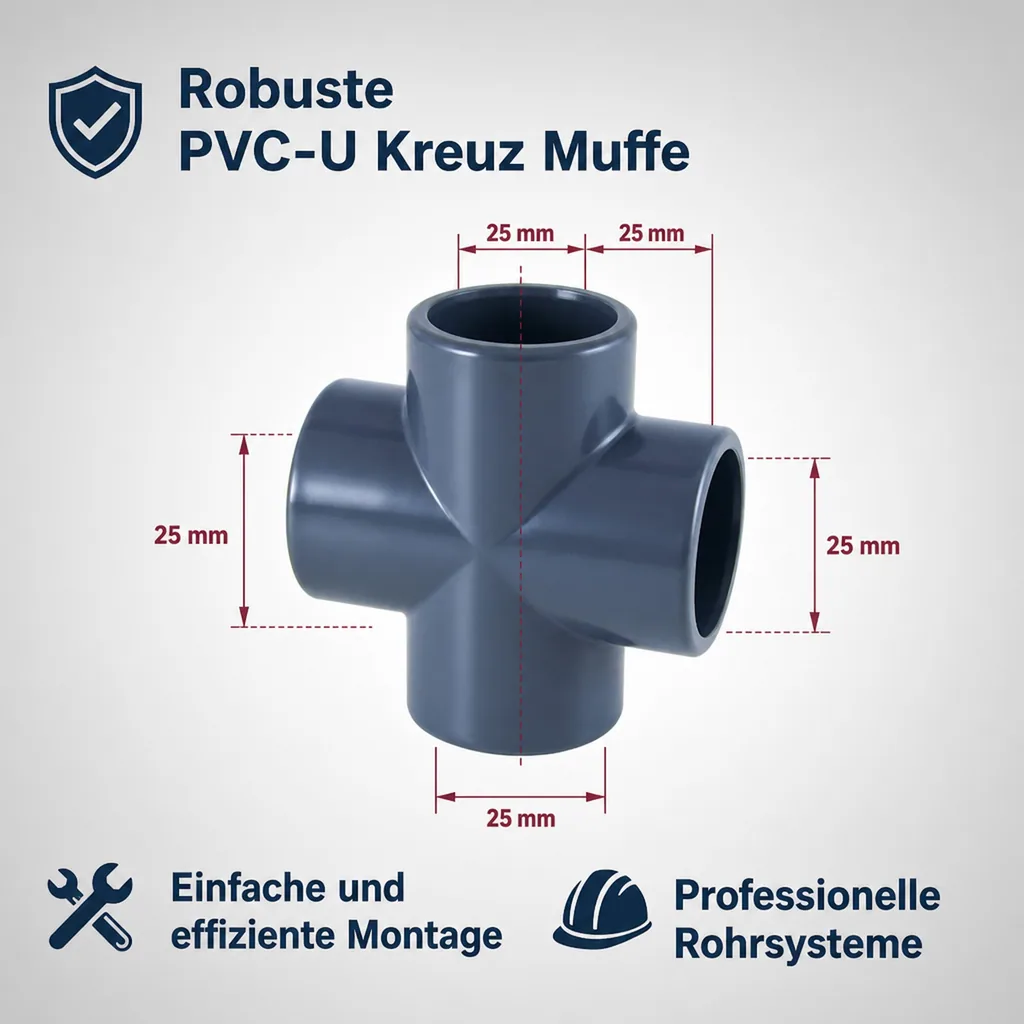 PVC Fittings, PVC Rohrverbinder, PVC-U Kreuz Muffe 25 mm PN16, Hart PVC Fitting