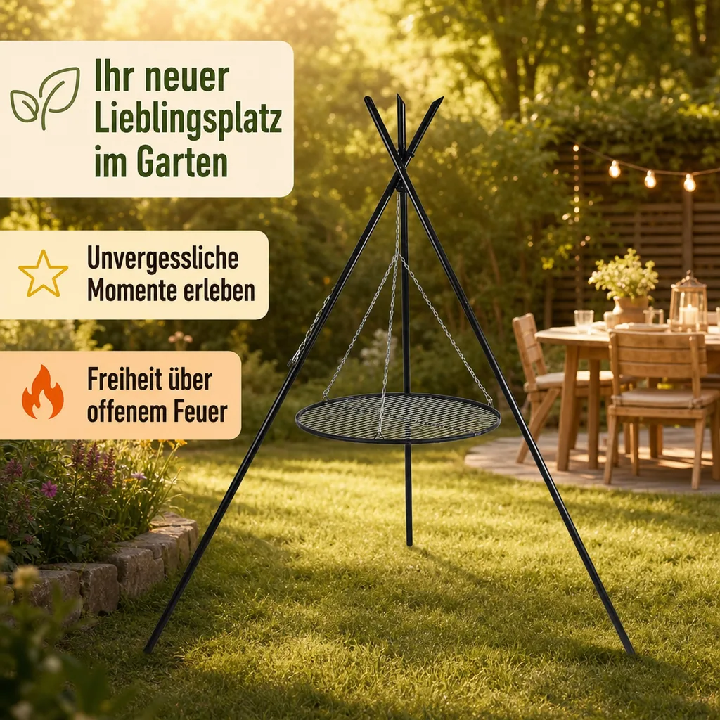 Schwenkgrill Dreibein Grill 210cm, Grillrost 50cm, Gartengrill, Naturstahl