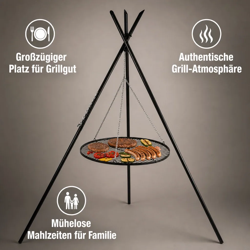 Schwenkgrill Dreibein Grill 210cm, Grillrost 50cm, Gartengrill, Naturstahl