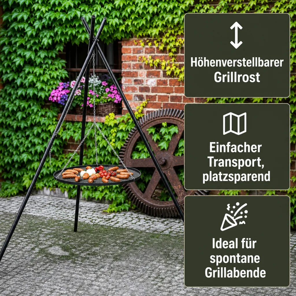 Schwenkgrill Dreibein Grill 210cm, Grillrost 50cm, Gartengrill, Naturstahl