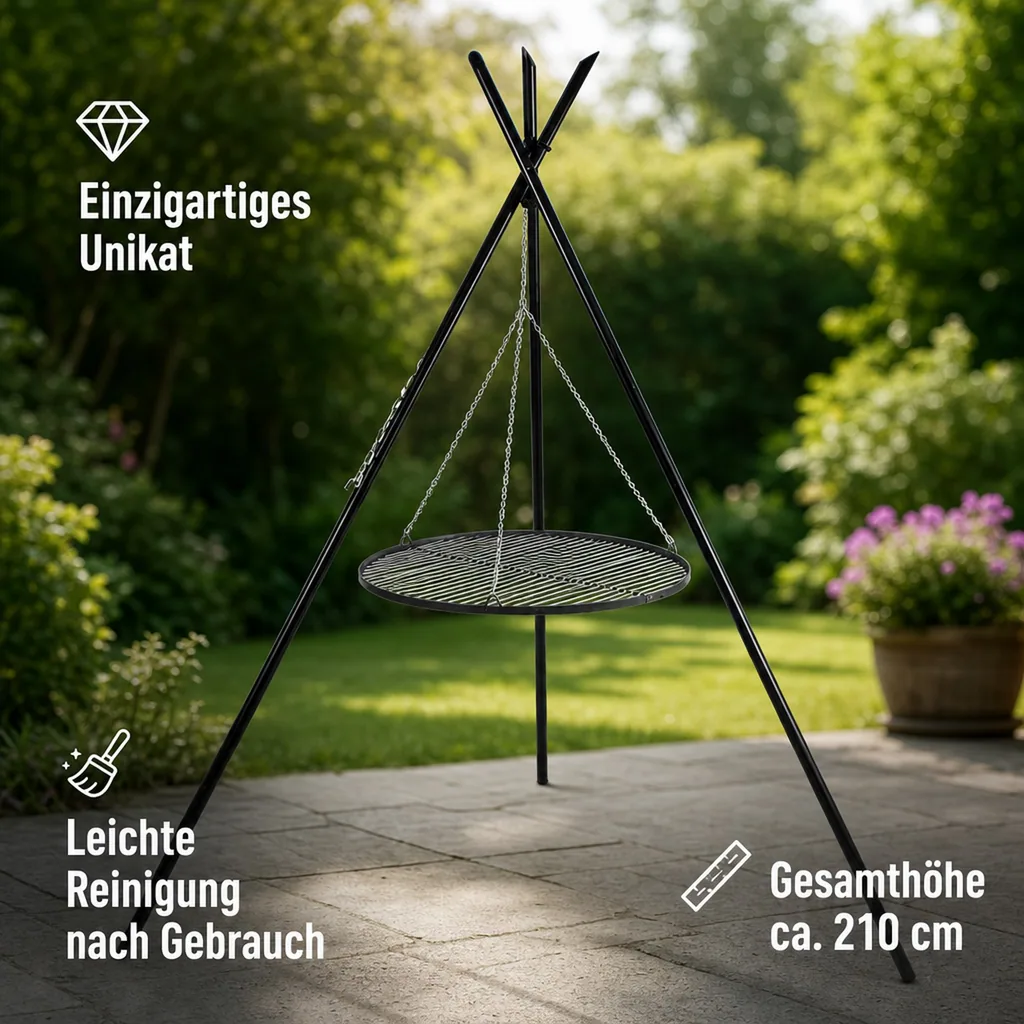 Schwenkgrill Dreibein Grill 210cm, Grillrost 50cm, Gartengrill, Naturstahl