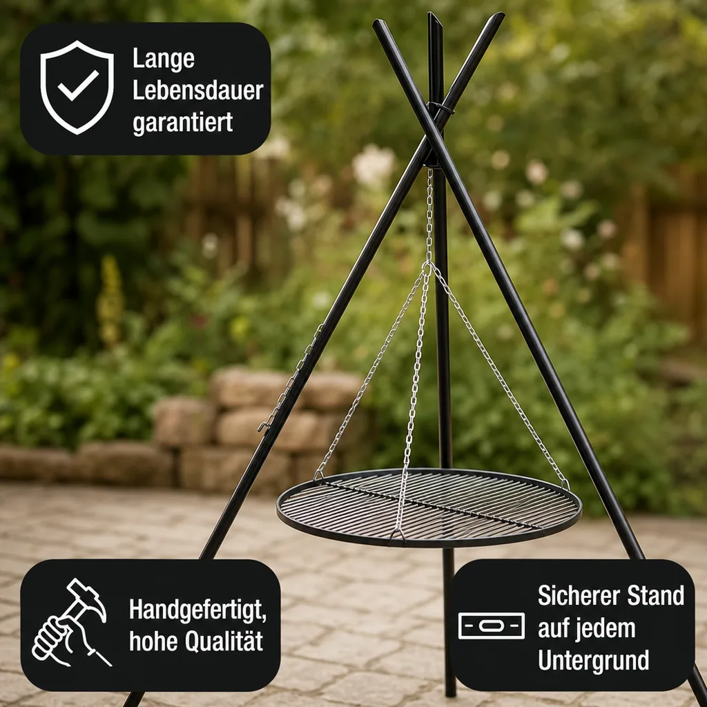 Schwenkgrill Dreibein Grill 210cm, Grillrost 50cm, Gartengrill, Naturstahl