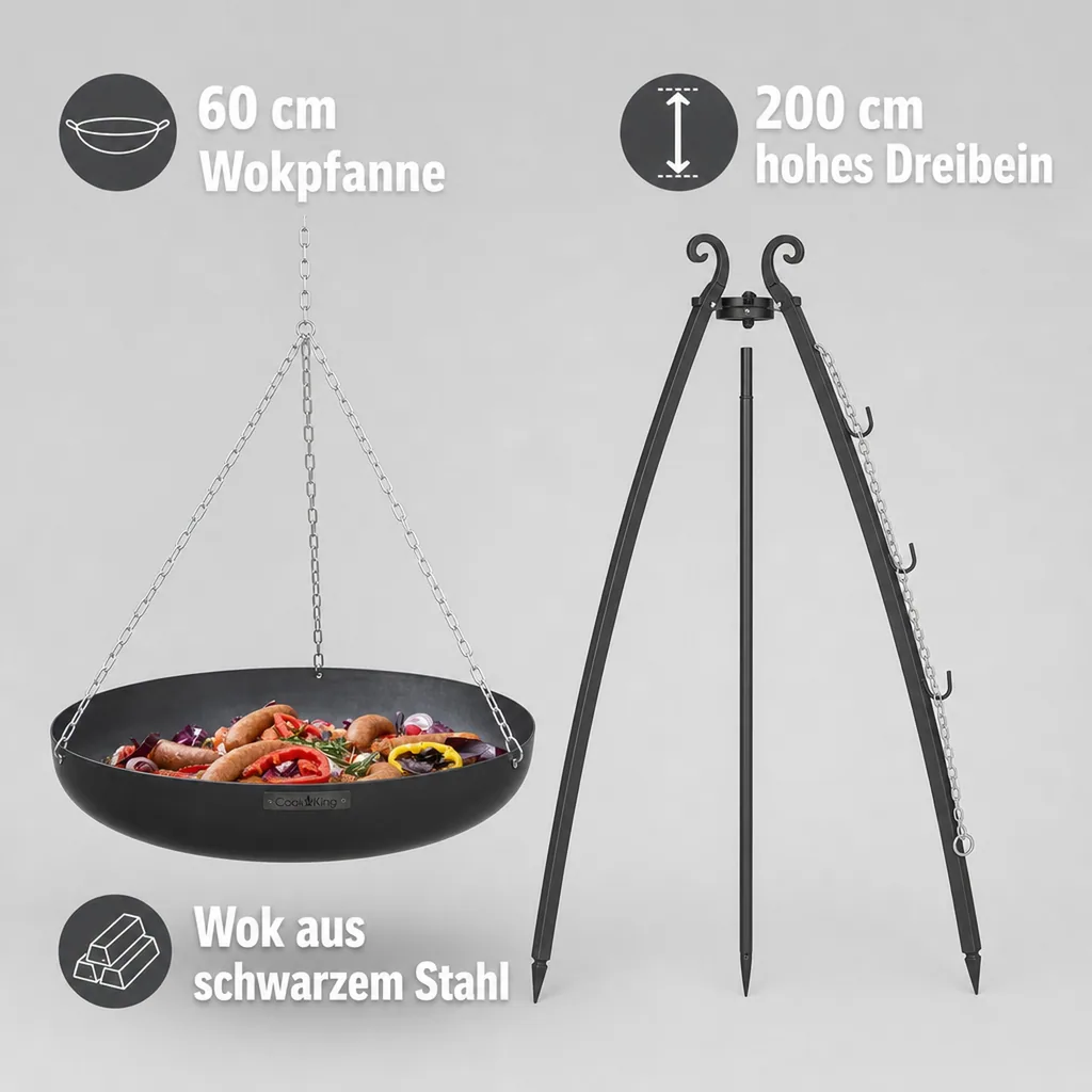 Wok 60 cm, Outdoor Wok Set, Dreibein 200 cm, Grill Dreibein, Naturstahl