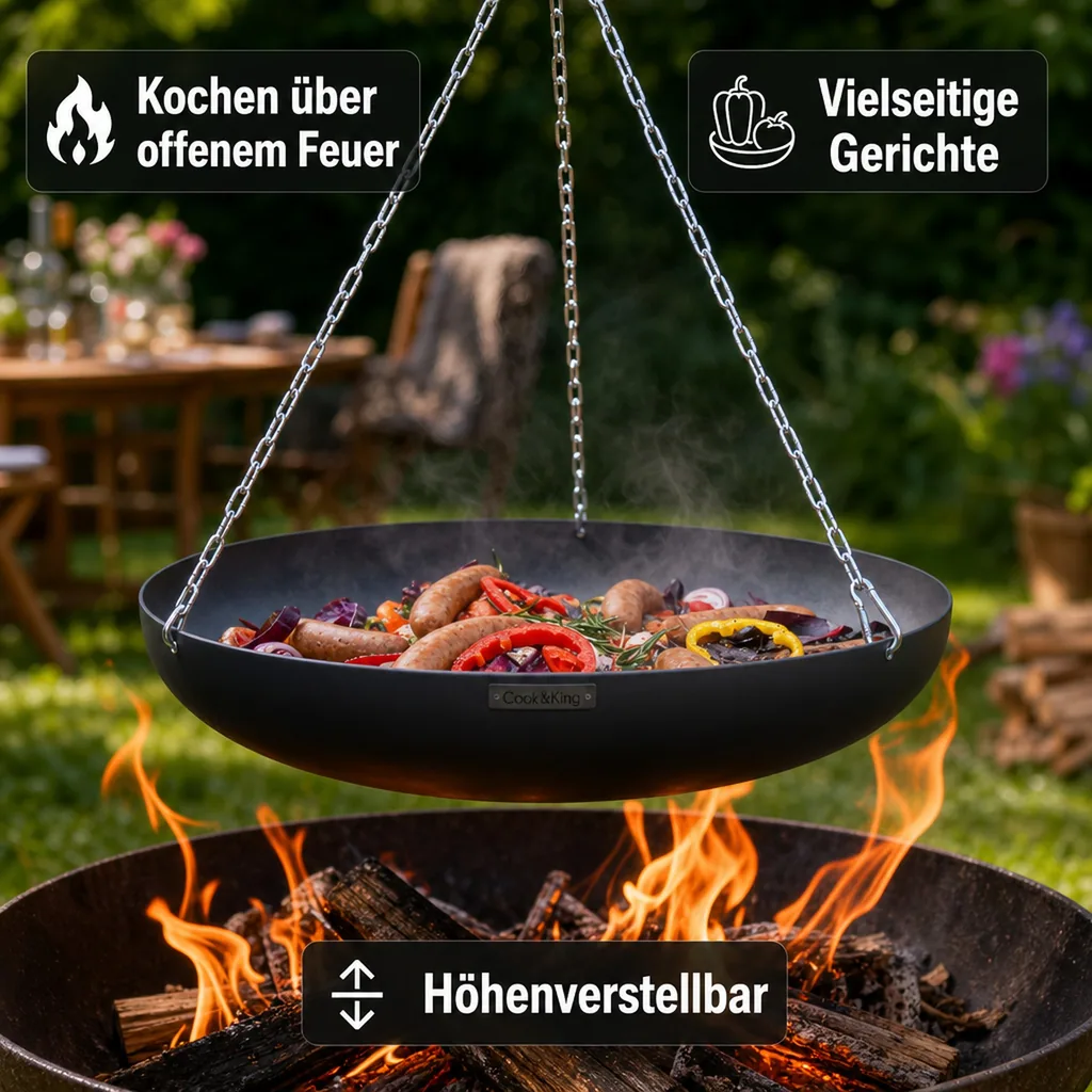 Wok 60 cm, Outdoor Wok Set, Dreibein 200 cm, Grill Dreibein, Naturstahl
