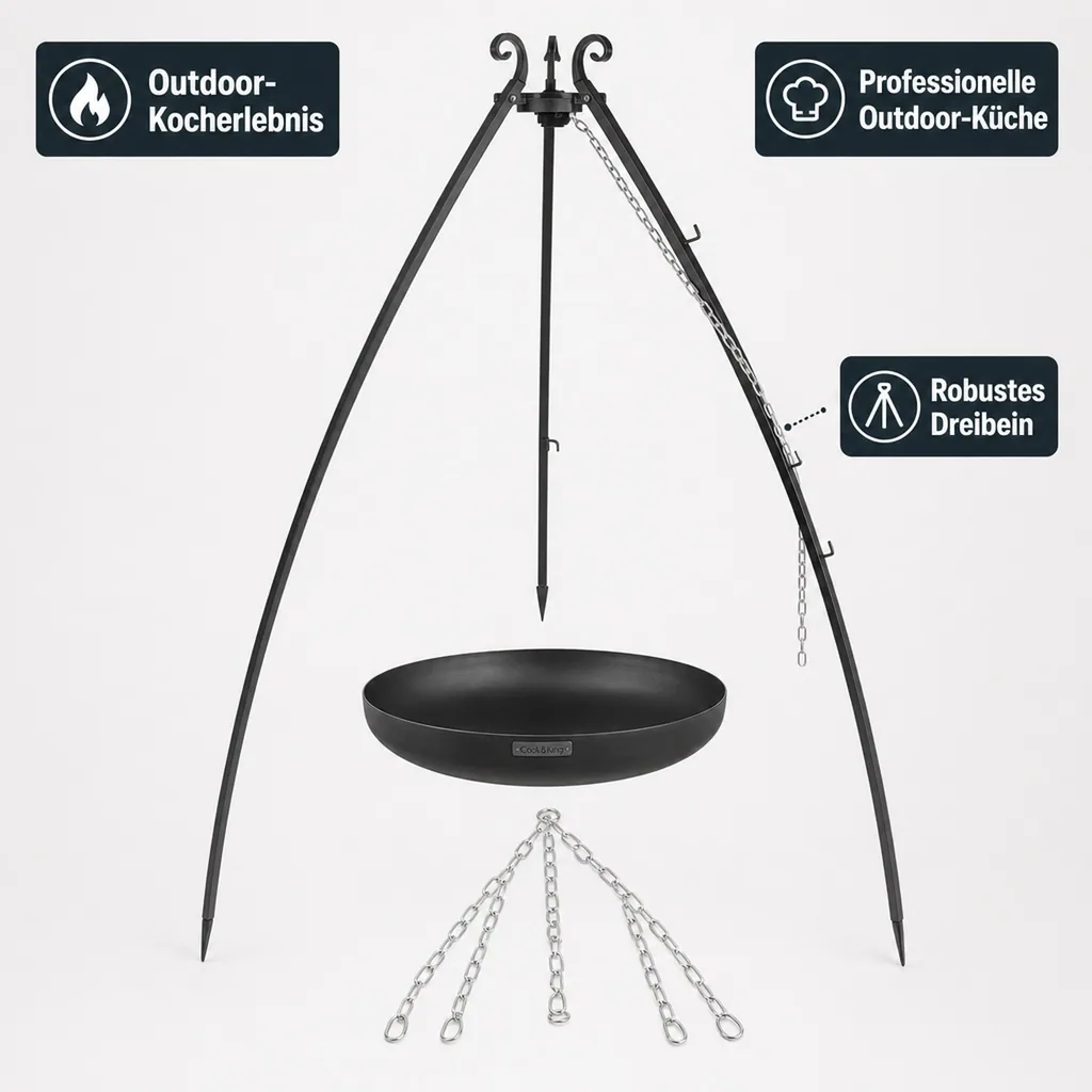 Wok 60 cm, Outdoor Wok Set, Dreibein 200 cm, Grill Dreibein, Naturstahl