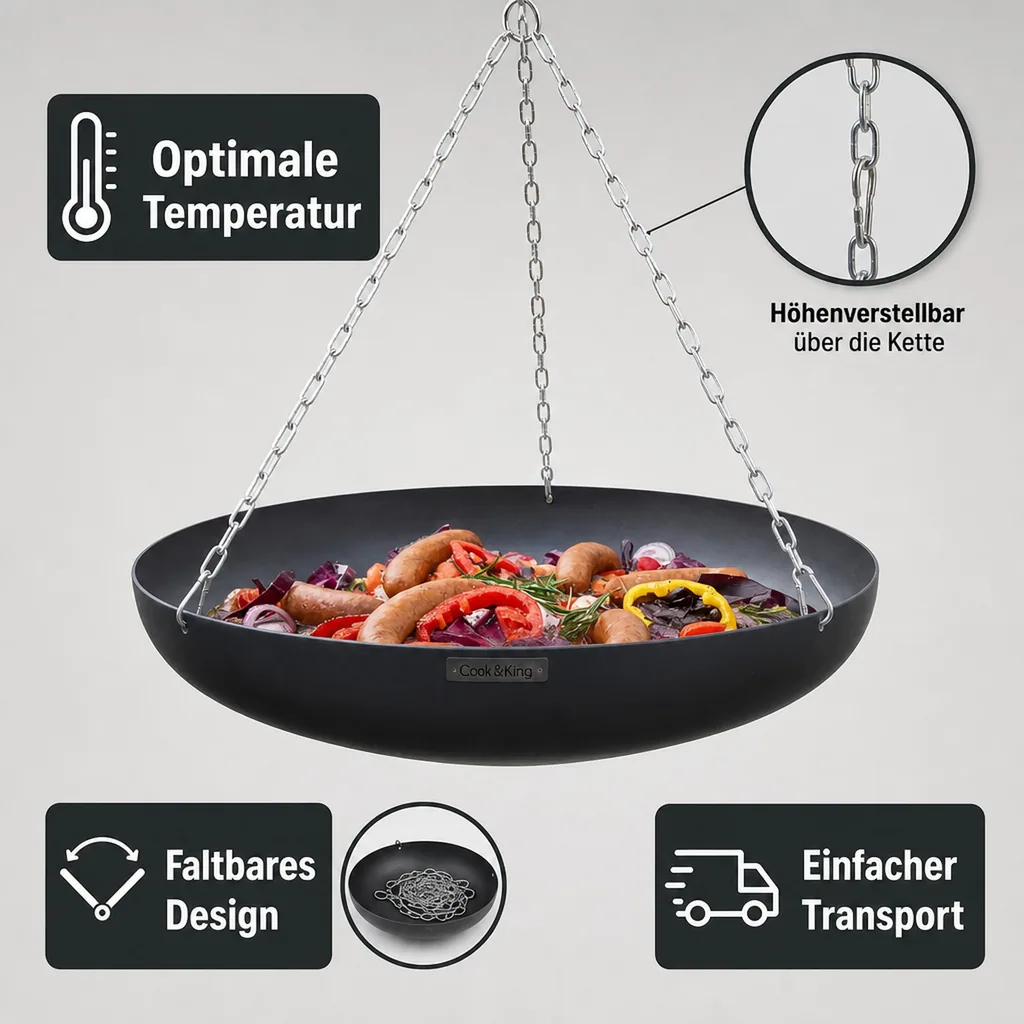 Wok 60 cm, Outdoor Wok Set, Dreibein 200 cm, Grill Dreibein, Naturstahl