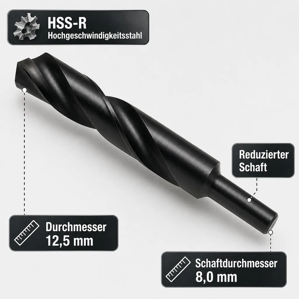 DIN 338 Bohrer, HSS-R Spiralbohrer 12,5mm, reduzierter Schaft 8mm