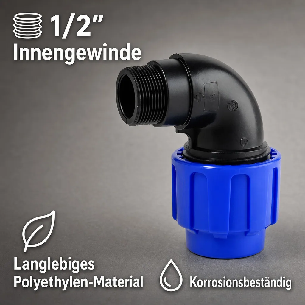 PE Rohranschluss, 90° Bogen, 25mm x 1/2" Kompressionsanschluss, Wasserrohr