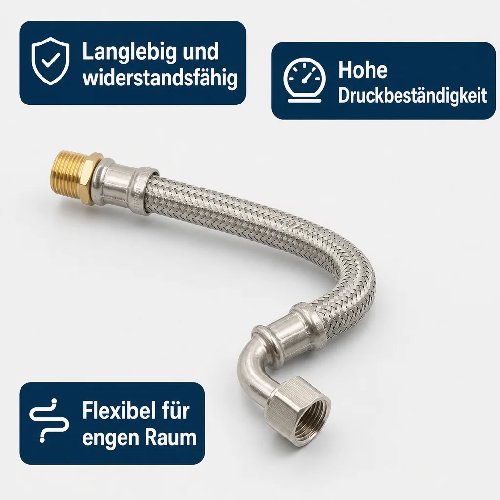 Panzerschlauch DN13 Edelstahl, Flexschlauch, 1/2 Zoll, Bogen 1000mm