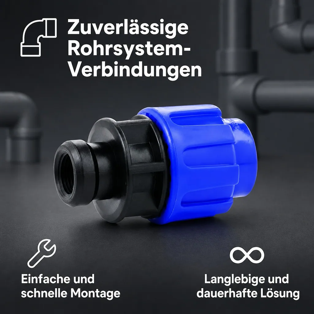 PE Rohr Verschraubung, 20mm Kupplung, 1/2" IG, PP Klemmverbinder