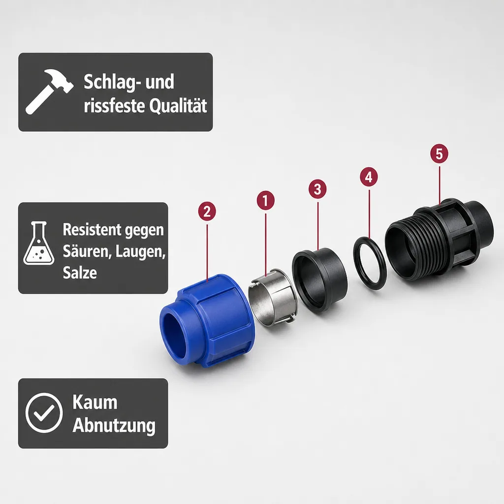 PE Rohr Verschraubung, 20mm Kupplung, 1/2" IG, PP Klemmverbinder