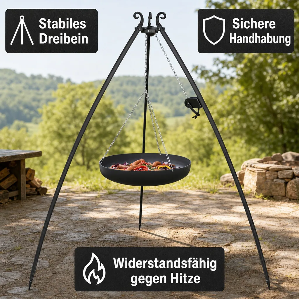 Outdoor Wok, Stahl Wok, Wok 60 cm, mit Dreibein und Kurbel